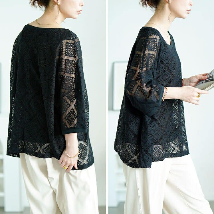 大きいサイズ レディース ラッセルレースワイドプルオーバー　maru-30192 【メール便可】