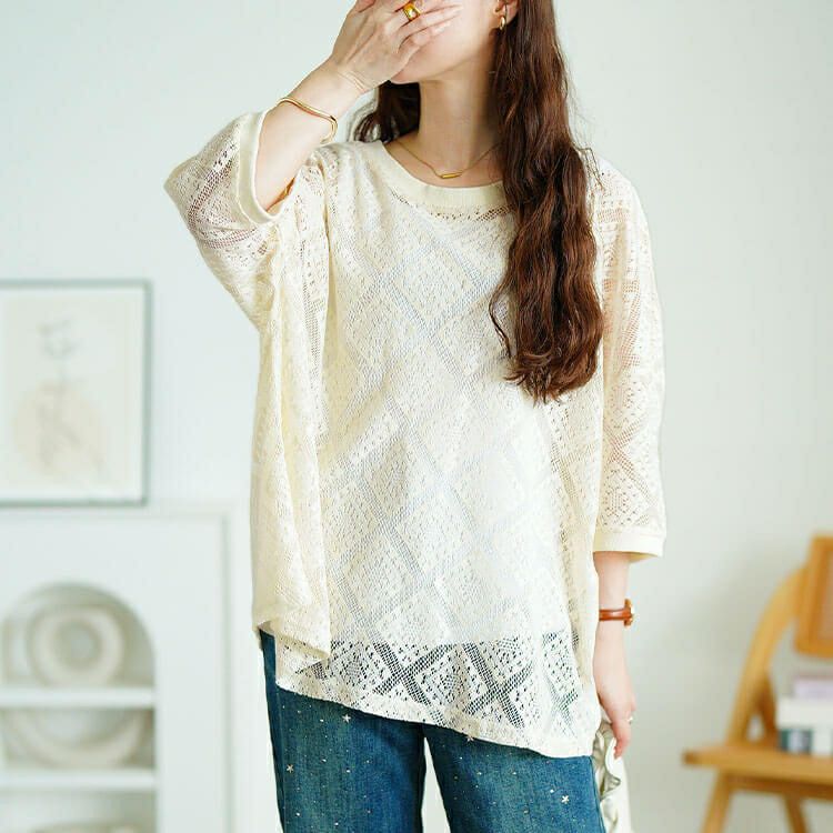 大きいサイズ レディース ラッセルレースワイドプルオーバー　maru-30192 【メール便可】