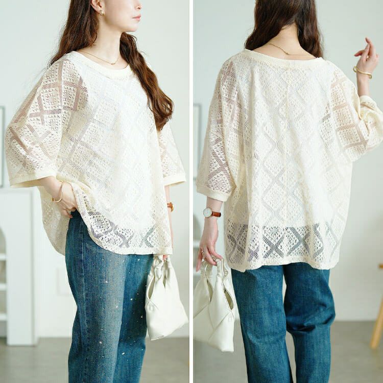大きいサイズ レディース ラッセルレースワイドプルオーバー　maru-30192 【メール便可】