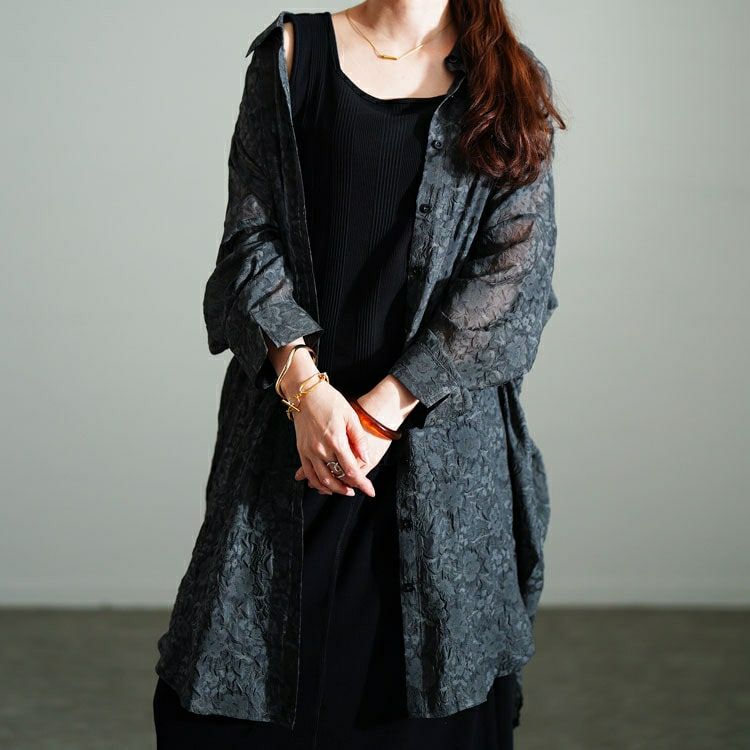 大きいサイズ レディース シアー花柄バックリボンロングシャツ　sw-0781 【メール便可】