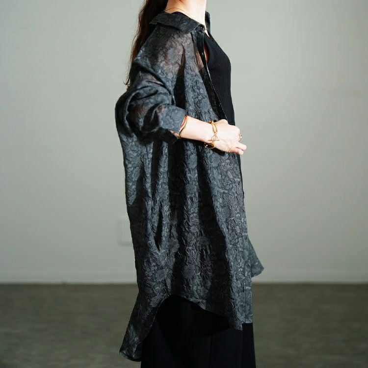 大きいサイズ レディース シアー花柄バックリボンロングシャツ　sw-0781 【メール便可】