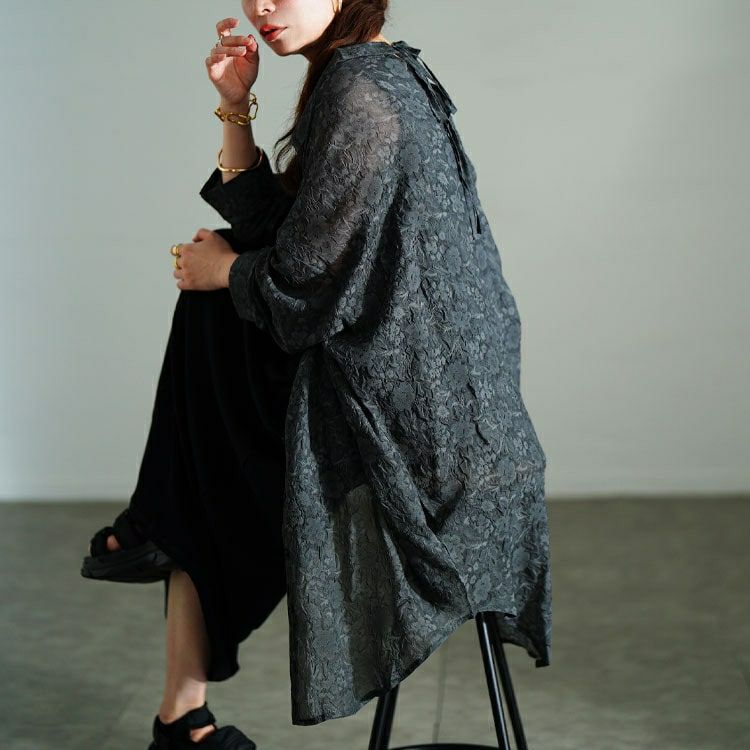 大きいサイズ レディース シアー花柄バックリボンロングシャツ　sw-0781 【メール便可】