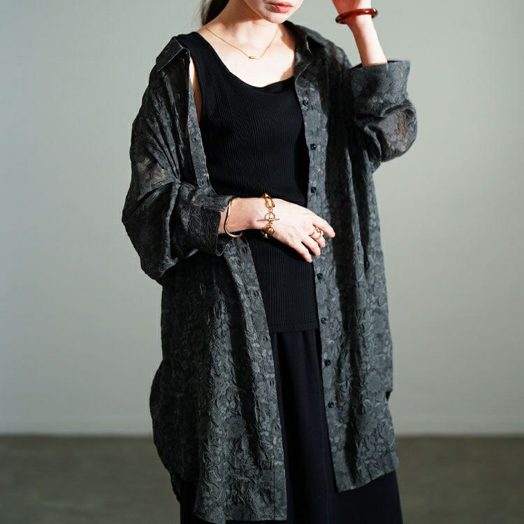 大きいサイズ レディース シアー花柄バックリボンロングシャツ　sw-0781 【メール便可】