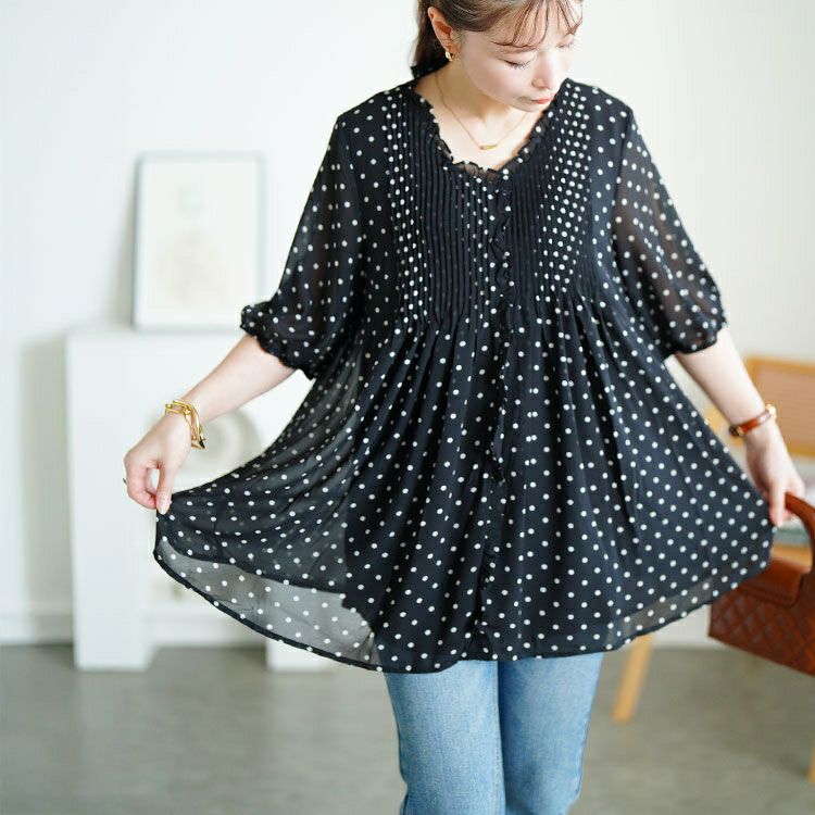 大きいサイズ レディース ドット柄プリーツシフォンフレアブラウス　goldy-1722【メール便可】