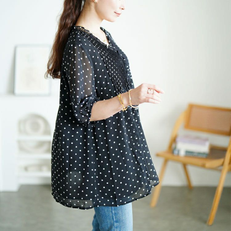 大きいサイズ レディース ドット柄プリーツシフォンフレアブラウス　goldy-1722【メール便可】