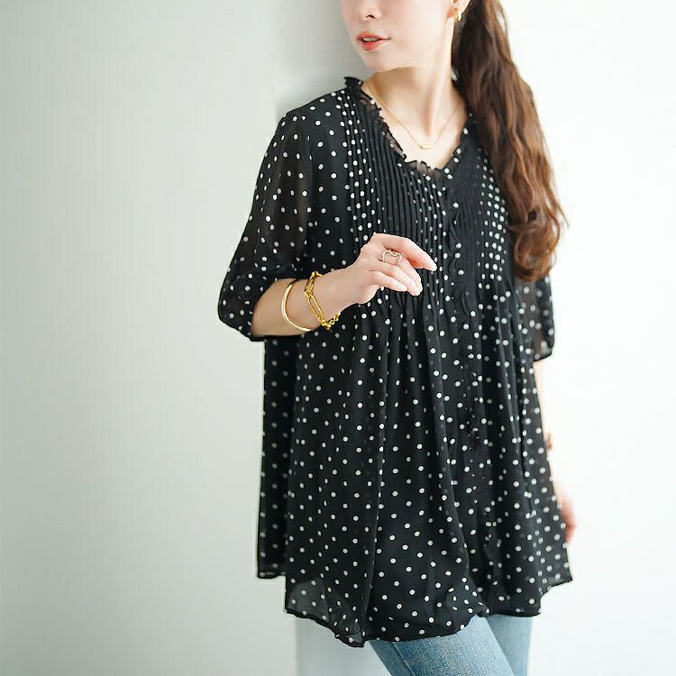 大きいサイズ レディース ドット柄プリーツシフォンフレアブラウス　goldy-1722【メール便可】