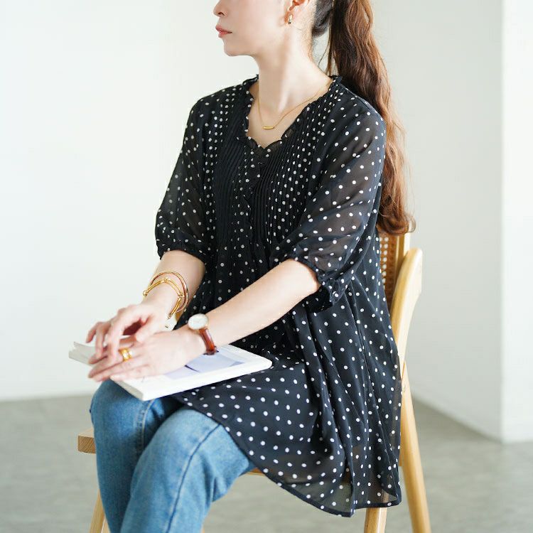 大きいサイズ レディース ドット柄プリーツシフォンフレアブラウス　goldy-1722【メール便可】