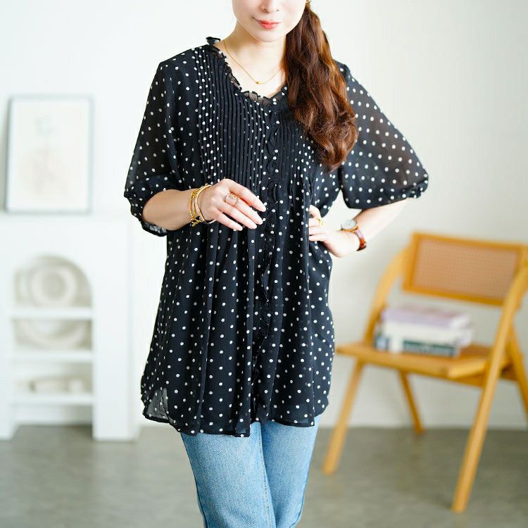 大きいサイズ レディース ドット柄プリーツシフォンフレアブラウス　goldy-1722【メール便可】