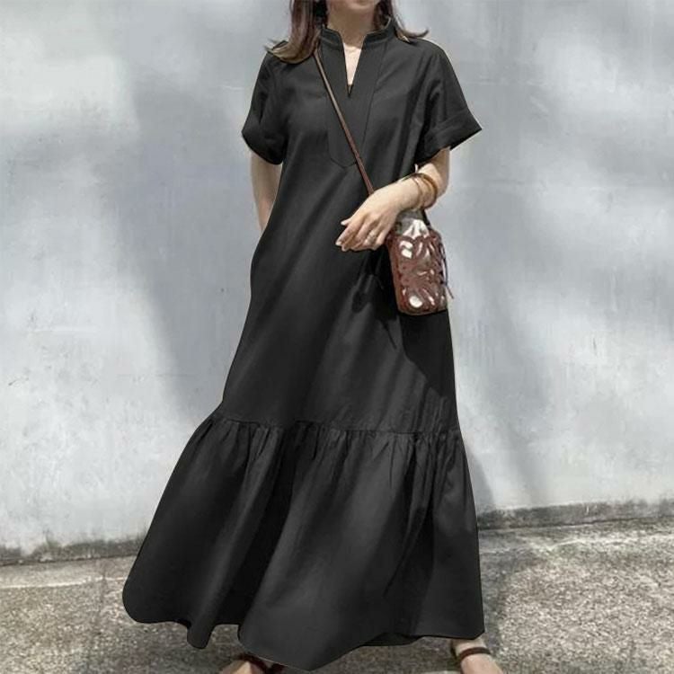 大きいサイズ レディース キーネックマキシ丈マーメイドワンピース　goldy-1719【メール便可】 ブラック