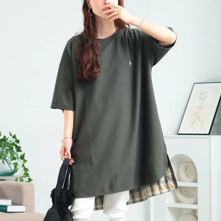 大きいサイズ レディース チェックステップヘムチュニックTシャツ　cpdai-647409 チャコール