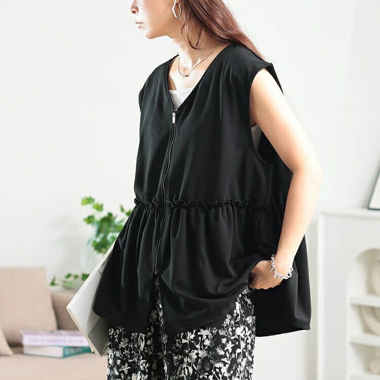 大きいサイズ レディース フリルペプラムZIPベスト　cpdai-647130 【メール便可】