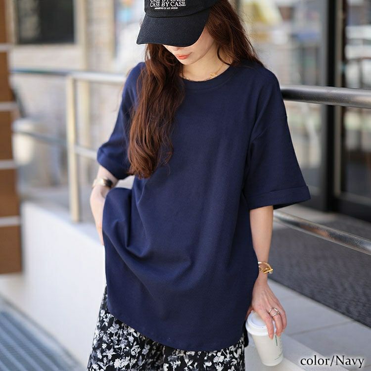 大きいサイズ レディース コットンワッフルロールアップ袖Tシャツ　wk-0567 【メール便可】