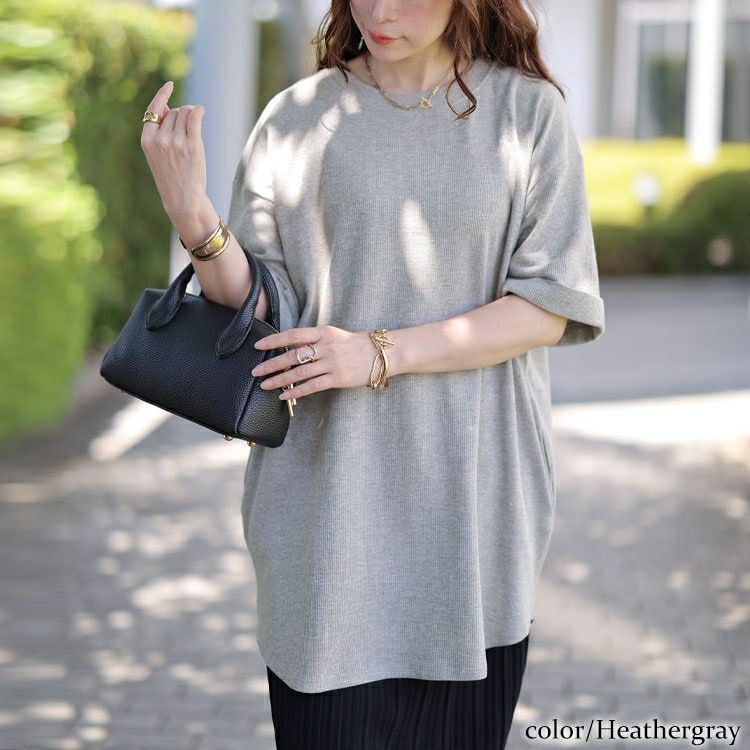 大きいサイズ レディース コットンワッフルロールアップ袖Tシャツ　wk-0567 【メール便可】