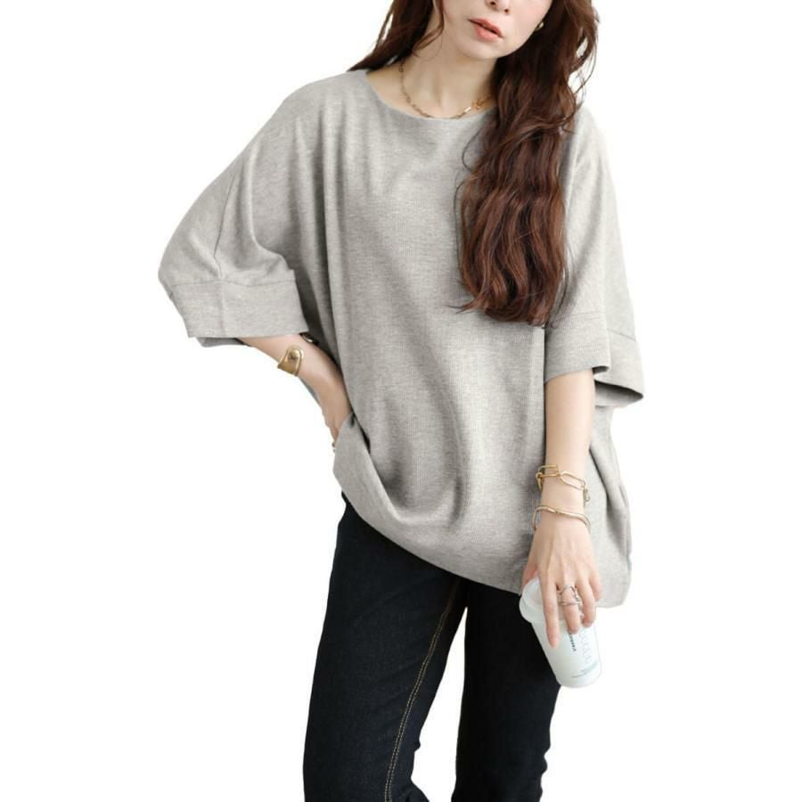 大きいサイズ レディース コットンワッフルドルマンTシャツ　wk-0564 【メール便可】 杢グレー