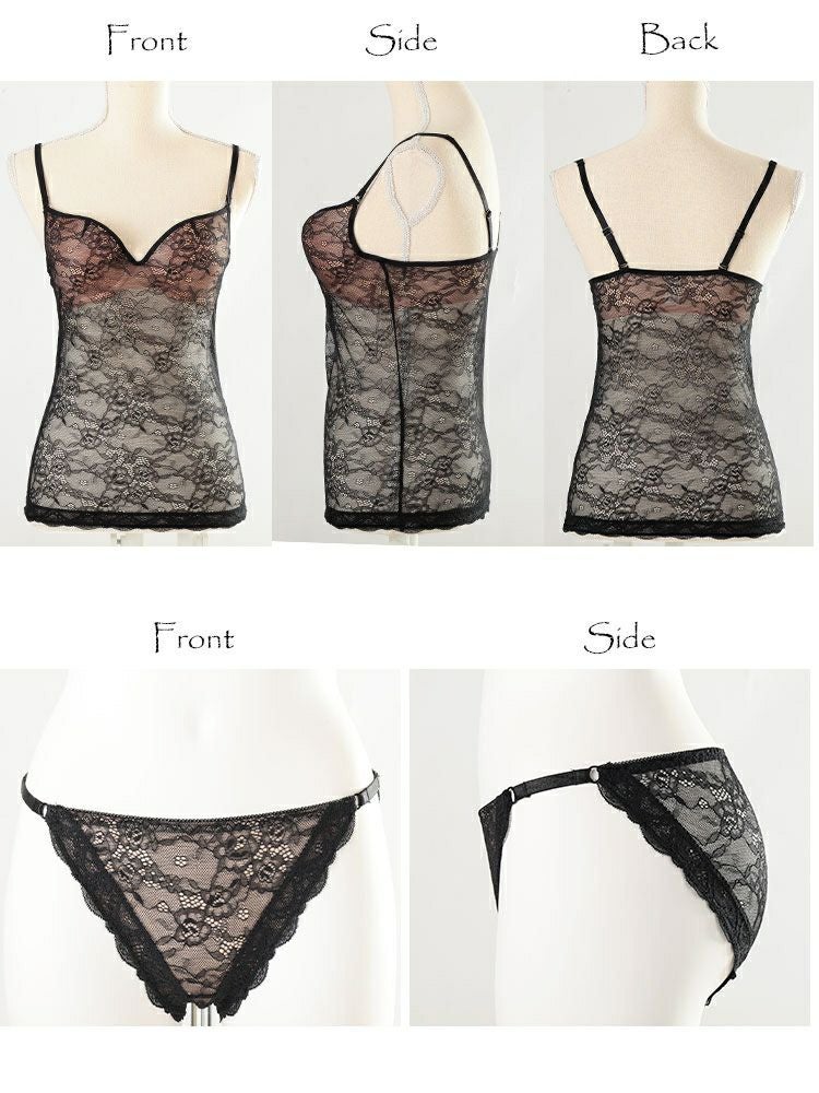 大きいサイズ レディース カップ付きシアーレースキャミソール＆シアーレースショーツ2点セット　nima-j4006