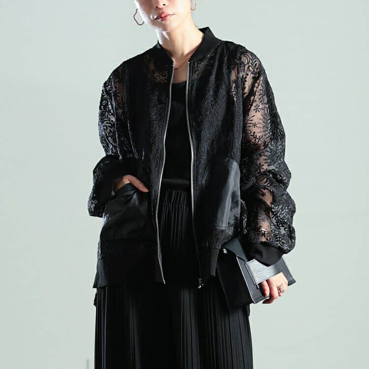 大きいサイズ レディース 花柄レース異素材切り替えMA-1ブルゾン　nw-25040 【メール便可】