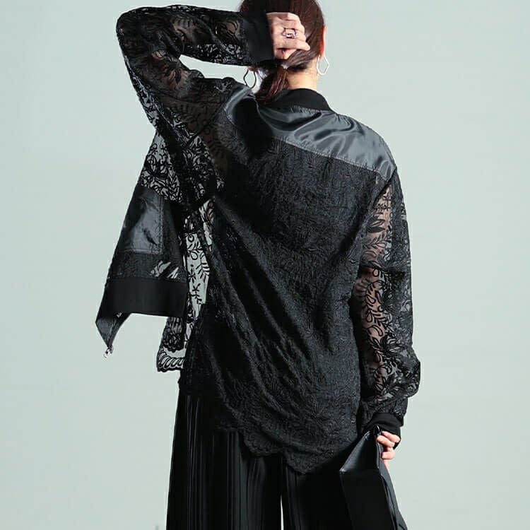 大きいサイズ レディース 花柄レース異素材切り替えMA-1ブルゾン　nw-25040 【メール便可】