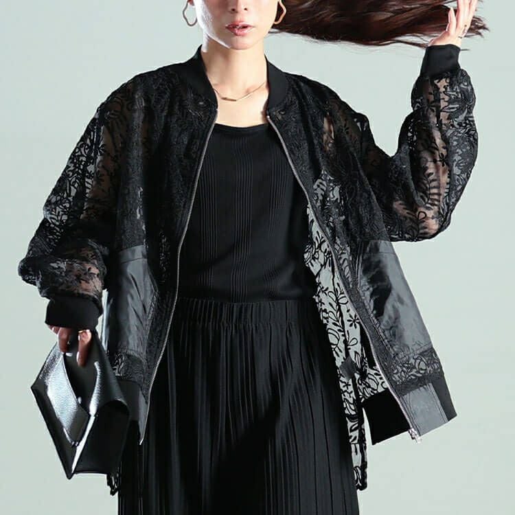 大きいサイズ レディース 花柄レース異素材切り替えMA-1ブルゾン　nw-25040 【メール便可】