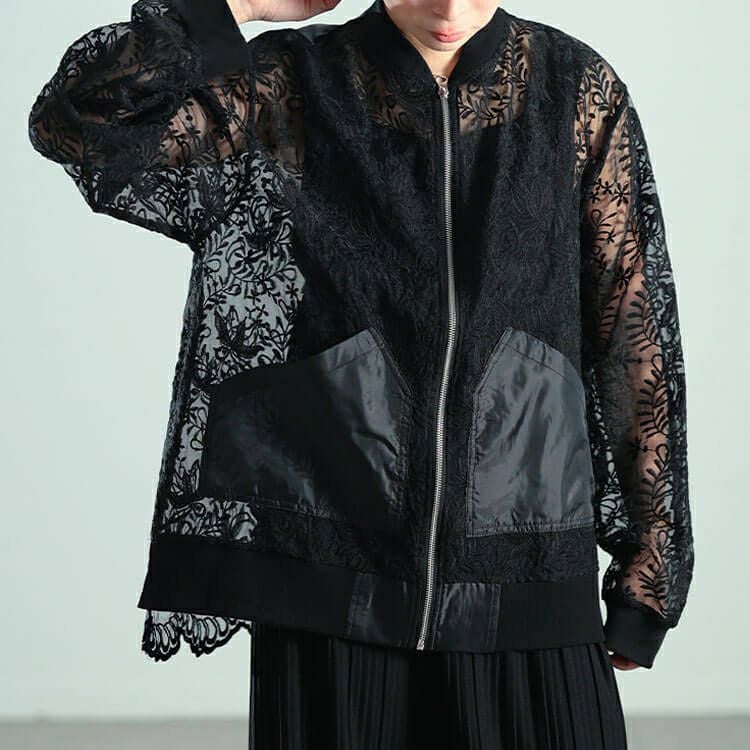 大きいサイズ レディース 花柄レース異素材切り替えMA-1ブルゾン　nw-25040 【メール便可】