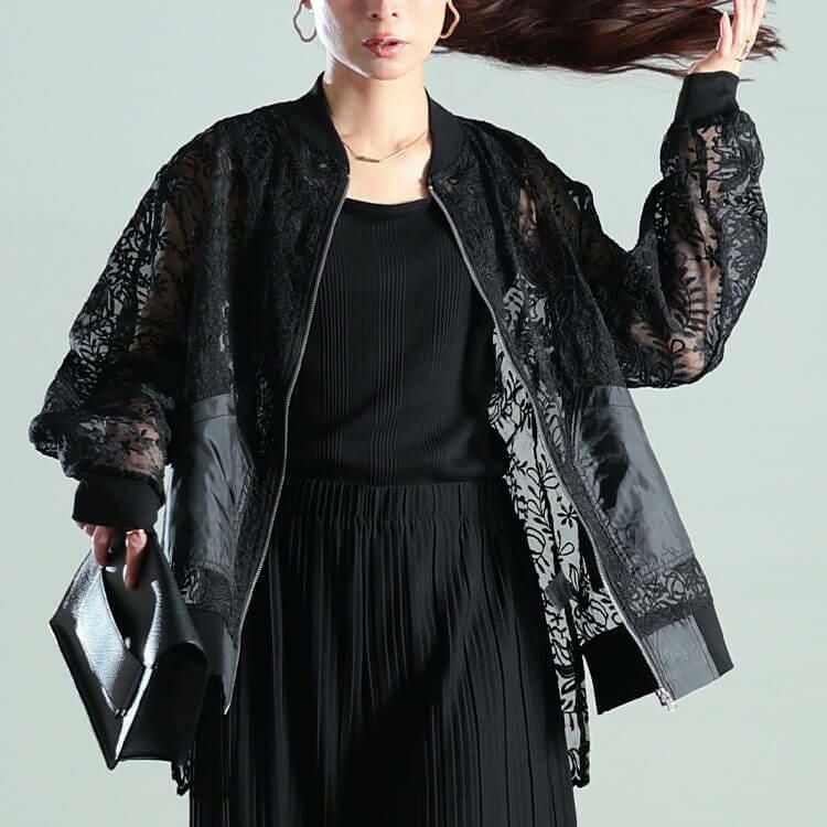 大きいサイズ レディース 花柄レース異素材切り替えMA-1ブルゾン　nw-25040 【メール便可】 ブラック