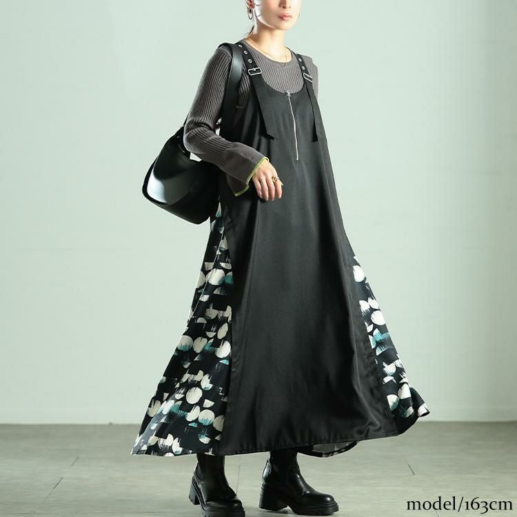 大きいサイズ レディース サイドドット柄切り替えジャンパースカート　nw-25038 【メール便可】 ブラック