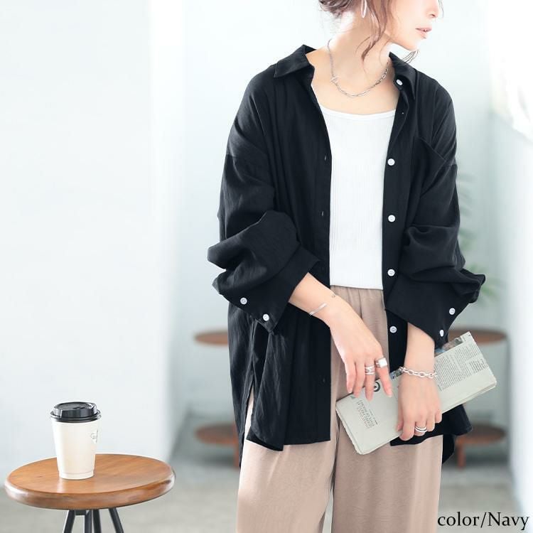 大きいサイズ レディース ビッグカフスワイドスリーブシャツ　maru-30165 【メール便可】 ネイビー