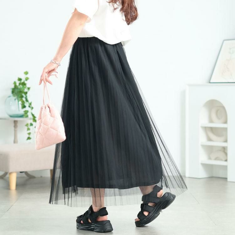 大きいサイズ レディース レイヤードチュールプリーツスカート　tog-1051 ブラック