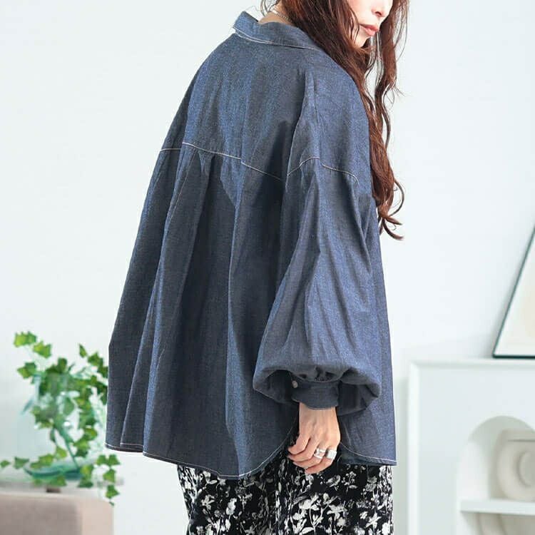大きいサイズ レディース ボリュームスリーブシャンブレーシャツ　maru-30164 【メール便可】