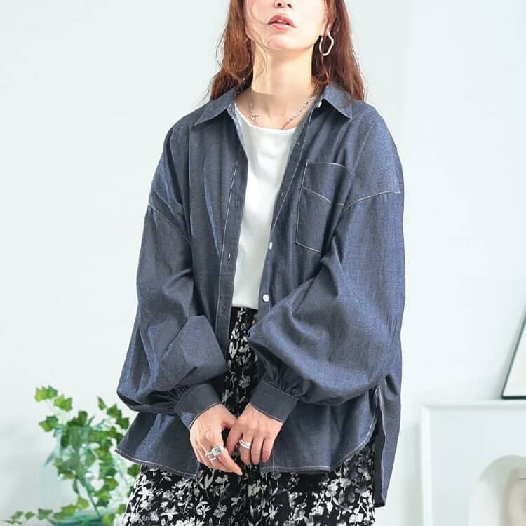 大きいサイズ レディース ボリュームスリーブシャンブレーシャツ　maru-30164 【メール便可】 ネイビー