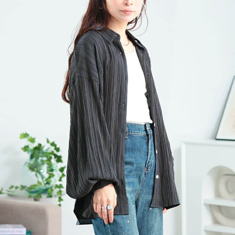 大きいサイズ レディース 楊柳風ジャガードボリュームスリーブシャツ　maru-30166 【メール便可】