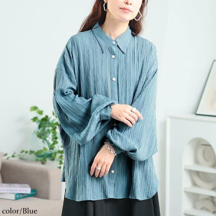 大きいサイズ レディース 楊柳風ジャガードボリュームスリーブシャツ　maru-30166 【メール便可】 ブルー