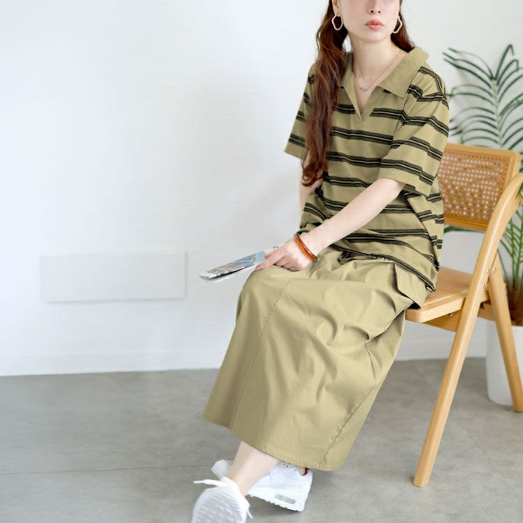 大きいサイズ レディース キーネックポロT＆ミリタリーロングスカートセット　goldy-1727