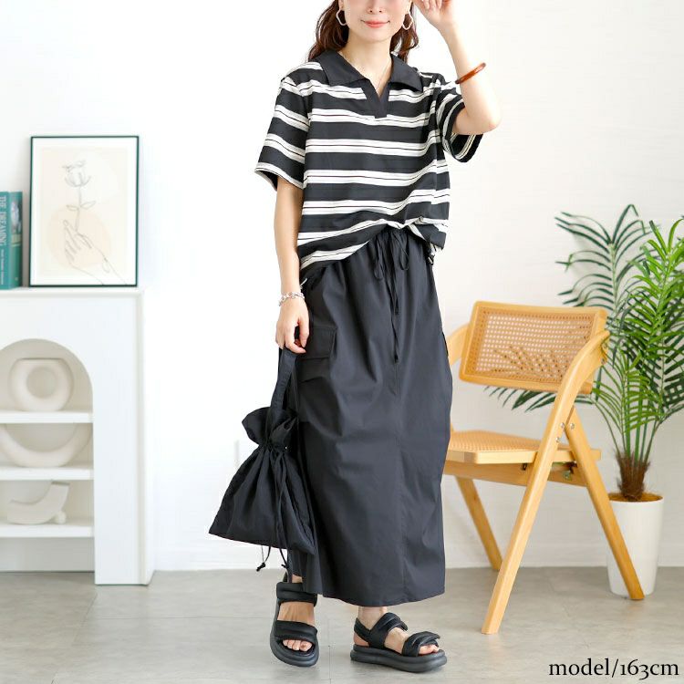 大きいサイズ レディース キーネックポロT＆ミリタリーロングスカートセット　goldy-1727