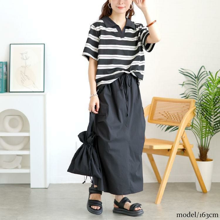 大きいサイズ レディース キーネックポロT＆ミリタリーロングスカートセット　goldy-1727 ブラック