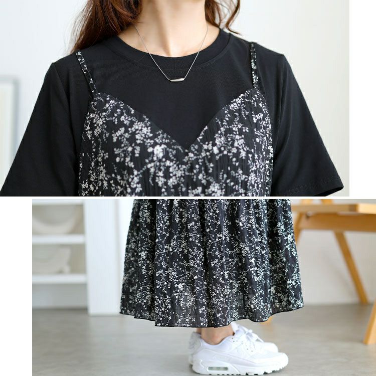 大きいサイズ レディース Tシャツドッキング小花柄ロングワンピース