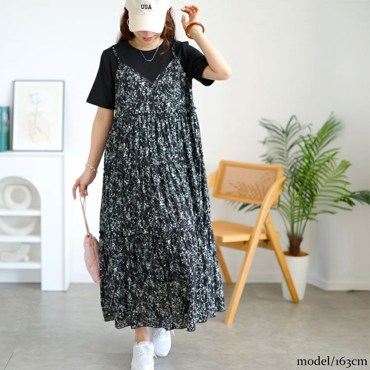 大きいサイズ レディース Tシャツドッキング小花柄ロングワンピース　goldy-1726