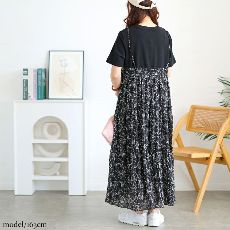 大きいサイズ レディース Tシャツドッキング小花柄ロングワンピース