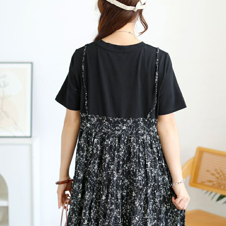 大きいサイズ レディース Tシャツドッキング小花柄ロングワンピース　goldy-1726