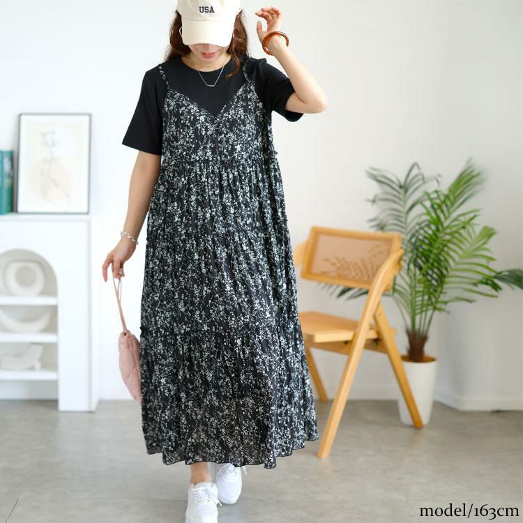 大きいサイズ レディース Tシャツドッキング小花柄ロングワンピース　goldy-1726 ブラック