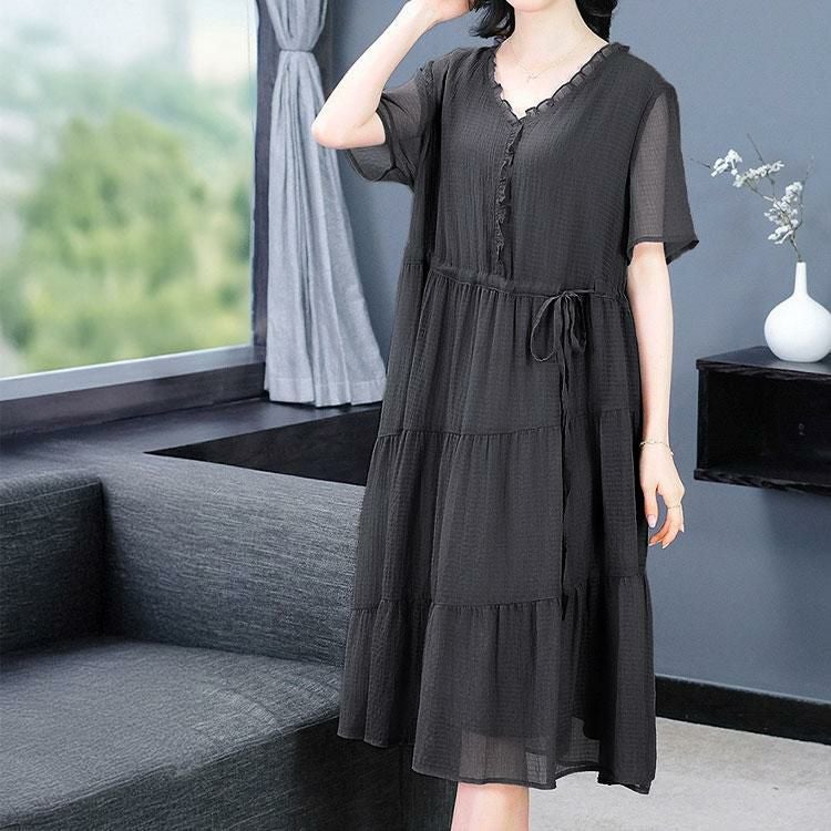 大きいサイズ レディース ウエストリボンシフォンティアードワンピース　goldy-1723【メール便可】 ブラック