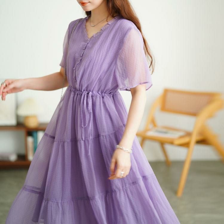大きいサイズ レディース ウエストリボンシフォンティアードワンピース　goldy-1723【メール便可】 パープル