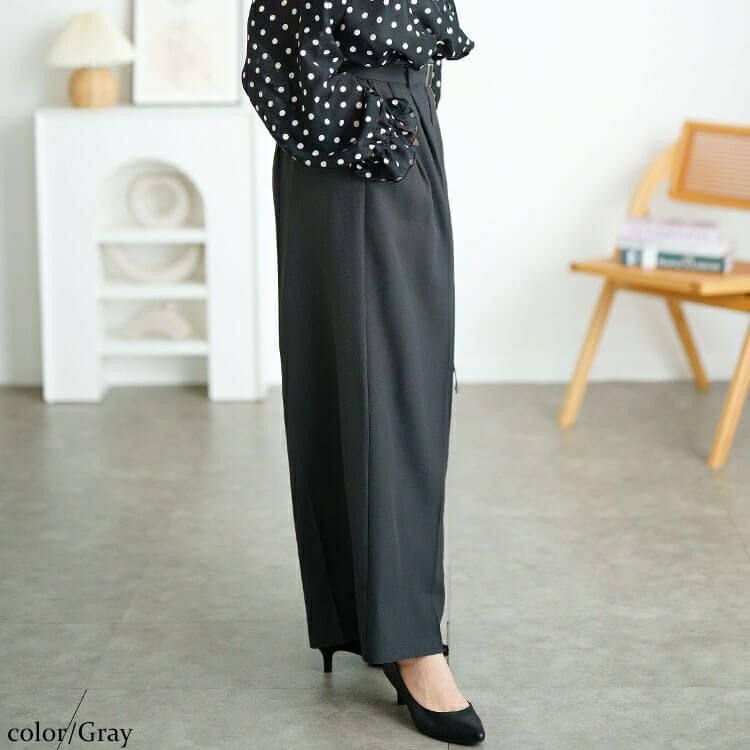 大きいサイズ レディース ベルト付きセンターシームタックワイドパンツ　tana-ww650037