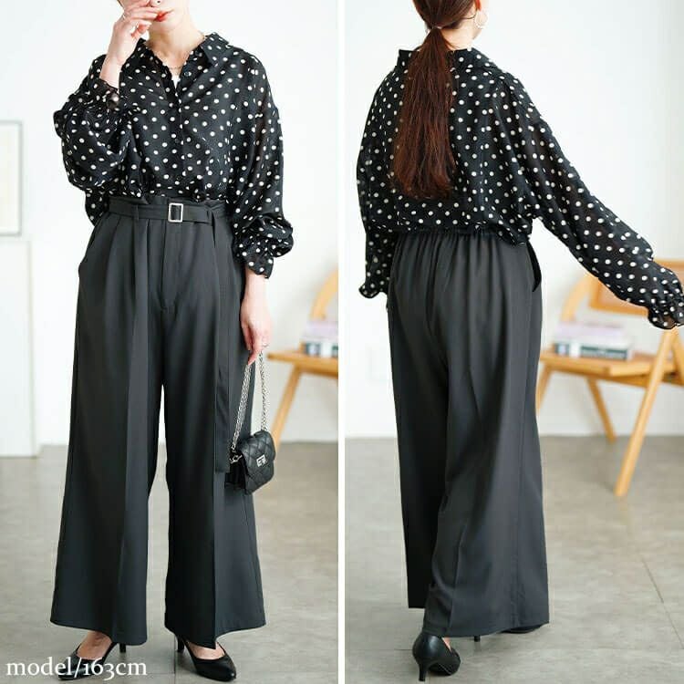 大きいサイズ レディース ベルト付きセンターシームタックワイドパンツ　tana-ww650037