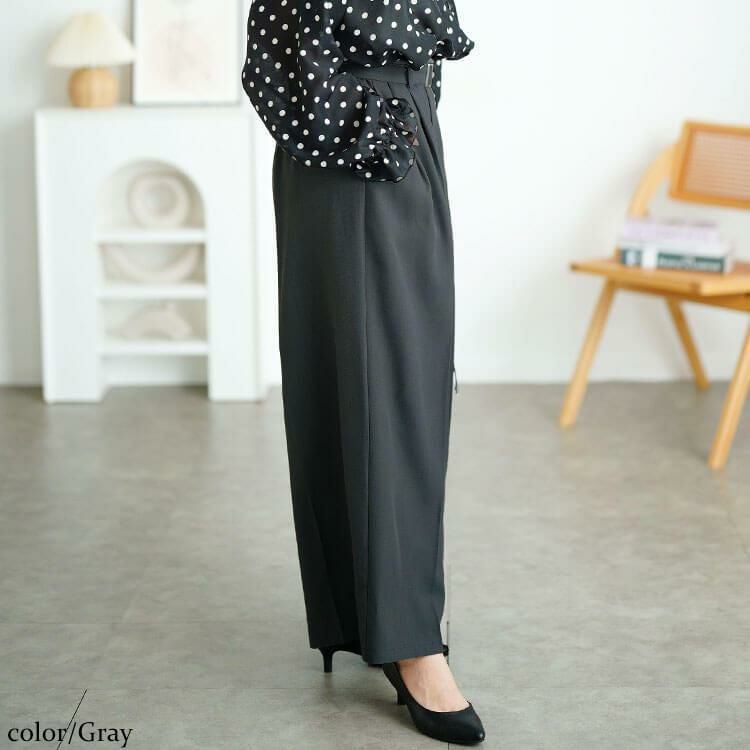 大きいサイズ レディース ベルト付きセンターシームタックワイドパンツ　tana-ww650037 グレー