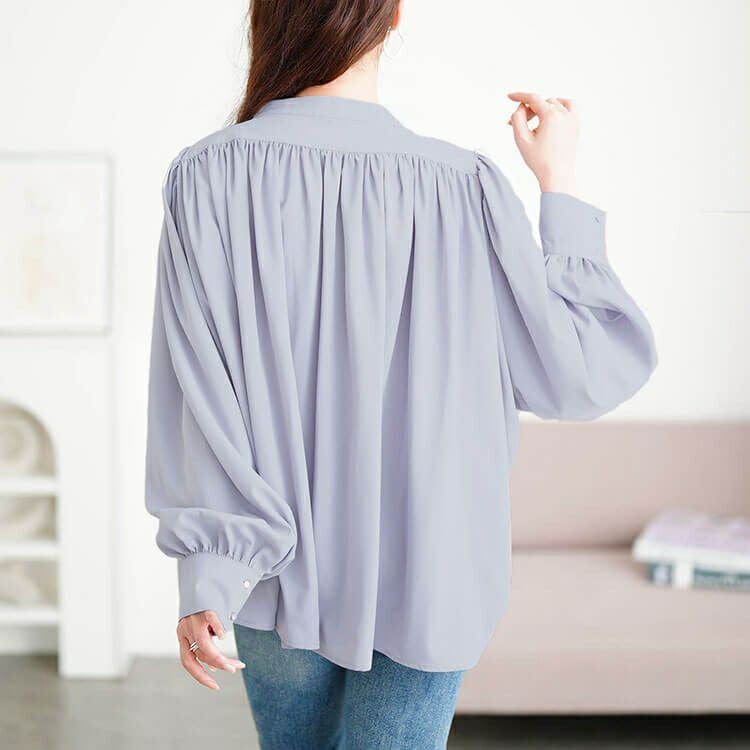 大きいサイズ レディース パールボタンバンドカラーギャザーブラウス　tana-ww650036