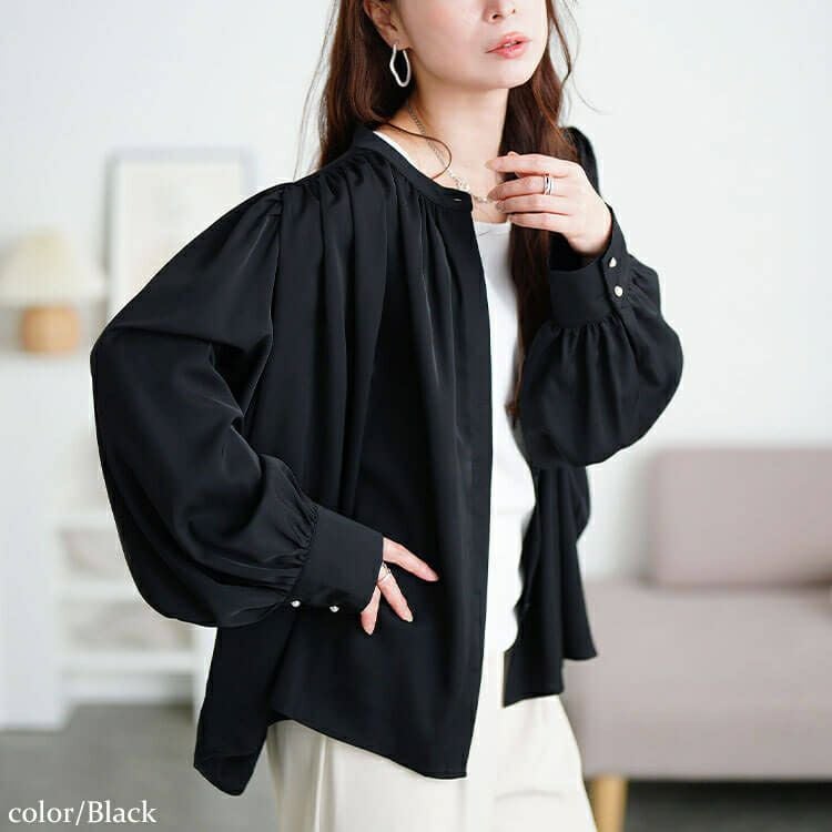 大きいサイズ レディース パールボタンバンドカラーギャザーブラウス　tana-ww650036