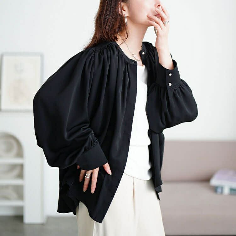 大きいサイズ レディース パールボタンバンドカラーギャザーブラウス　tana-ww650036