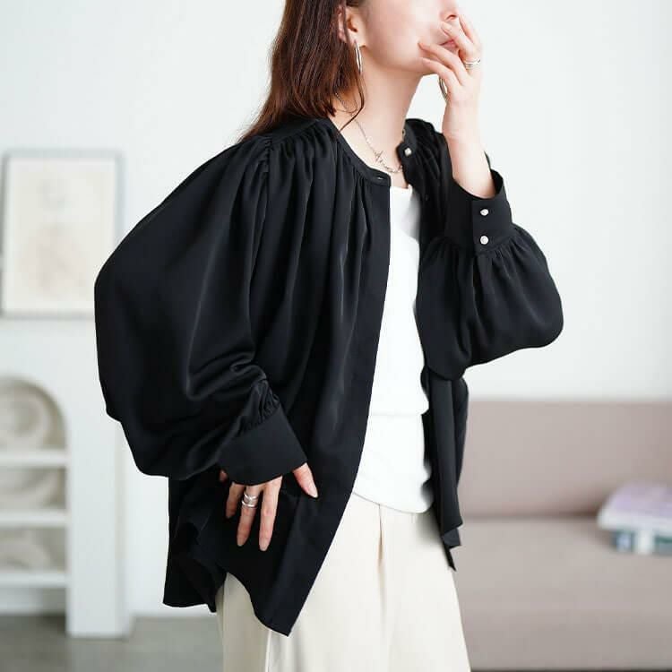 大きいサイズ レディース パールボタンバンドカラーギャザーブラウス　tana-ww650036 ブラック