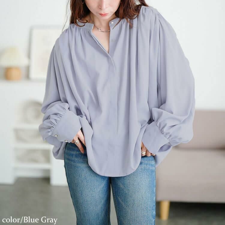 大きいサイズ レディース パールボタンバンドカラーギャザーブラウス　tana-ww650036 ブルーグレー