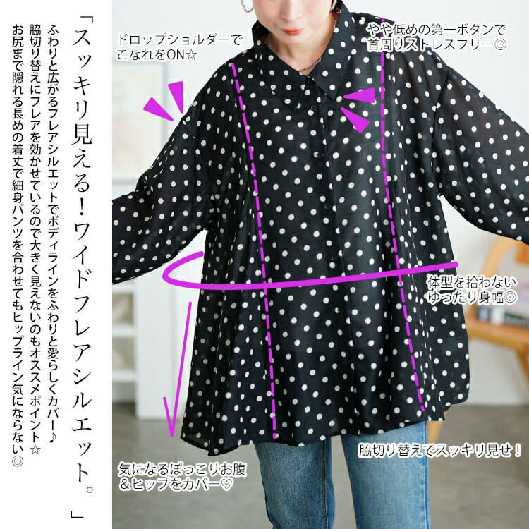 大きいサイズ レディース ドットキャンディスリーブフレアシャツ　tana-ww650035 【メール便可】
